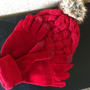 Red Knit Hat with Tech Friendly Gloves